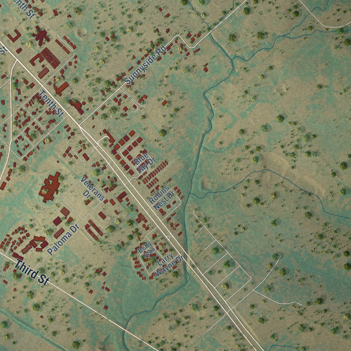 Second close-up of the map of Floresville, Texas print showing more streets and buildings