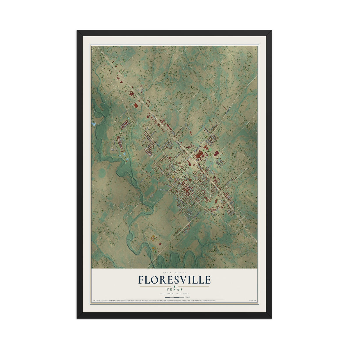 Map of Floresville, Texas, 12 x 18 inch print in a black wood frame