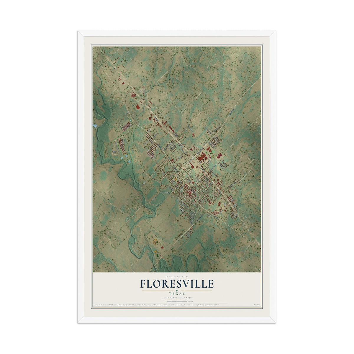 Map of Floresville, Texas, 12 x 18 inch print in a white wood frame