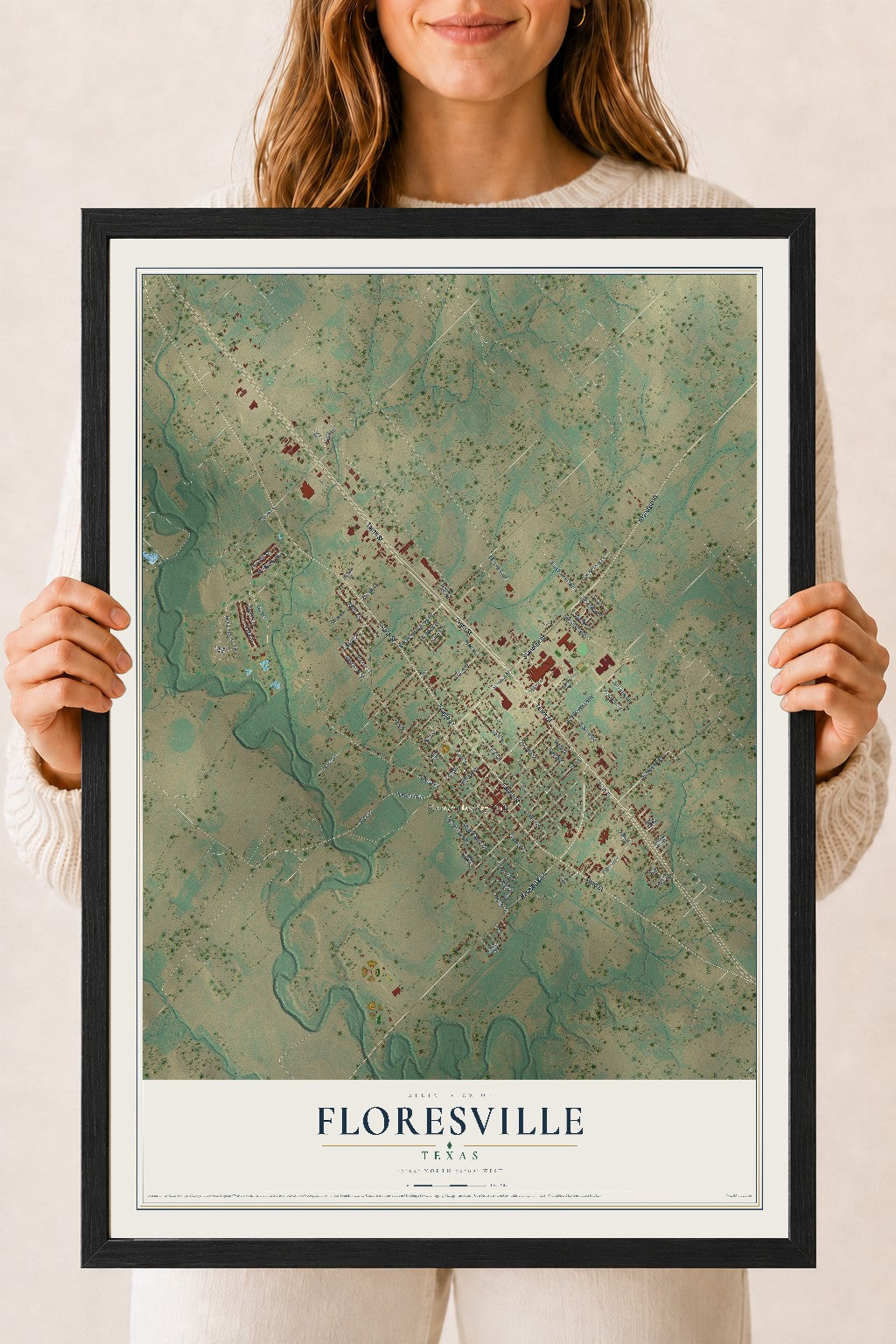 Map of Floresville, Texas, 18 x 24 inch print in a black wood frame