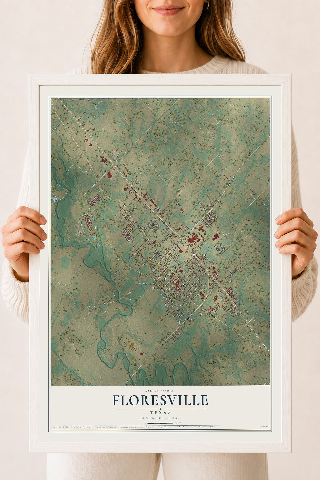 Map of Floresville, Texas, 18 x 24 inch print in a white wood frame