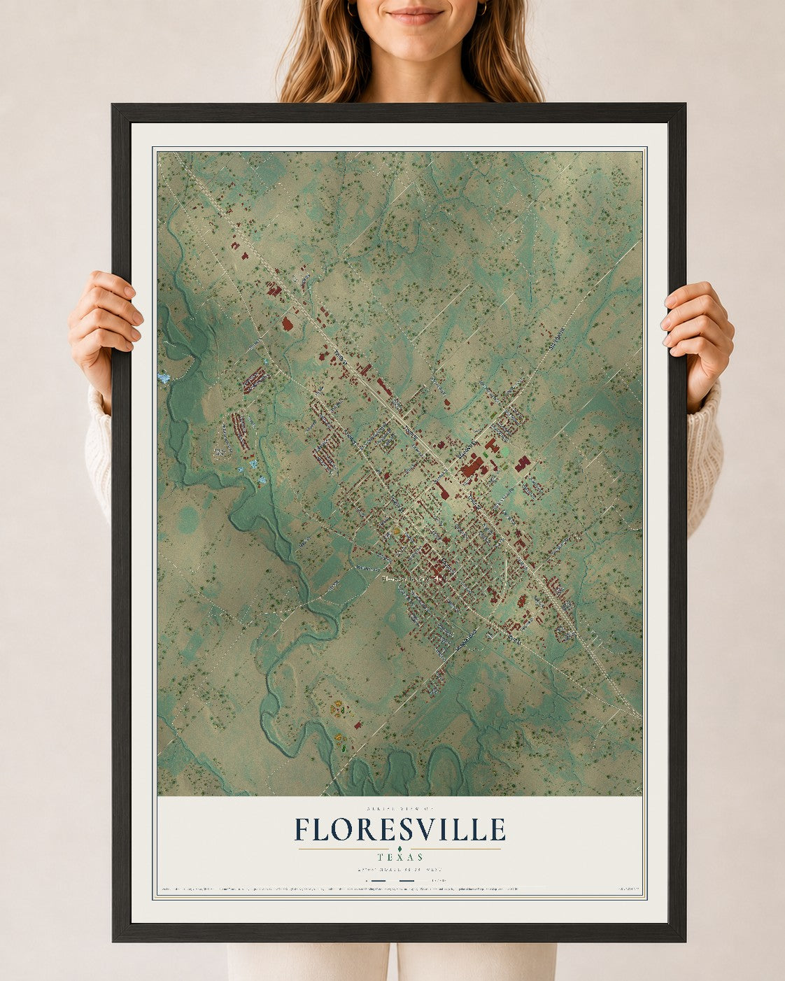 Map of Floresville, Texas, 24 x 36 inch print in a black wood frame