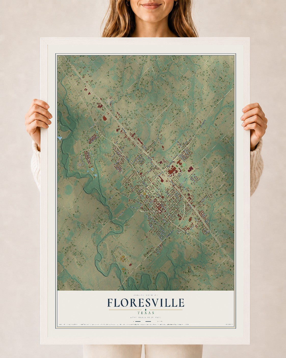 Map of Floresville, Texas, 24 x 36 inch print in a white wood frame