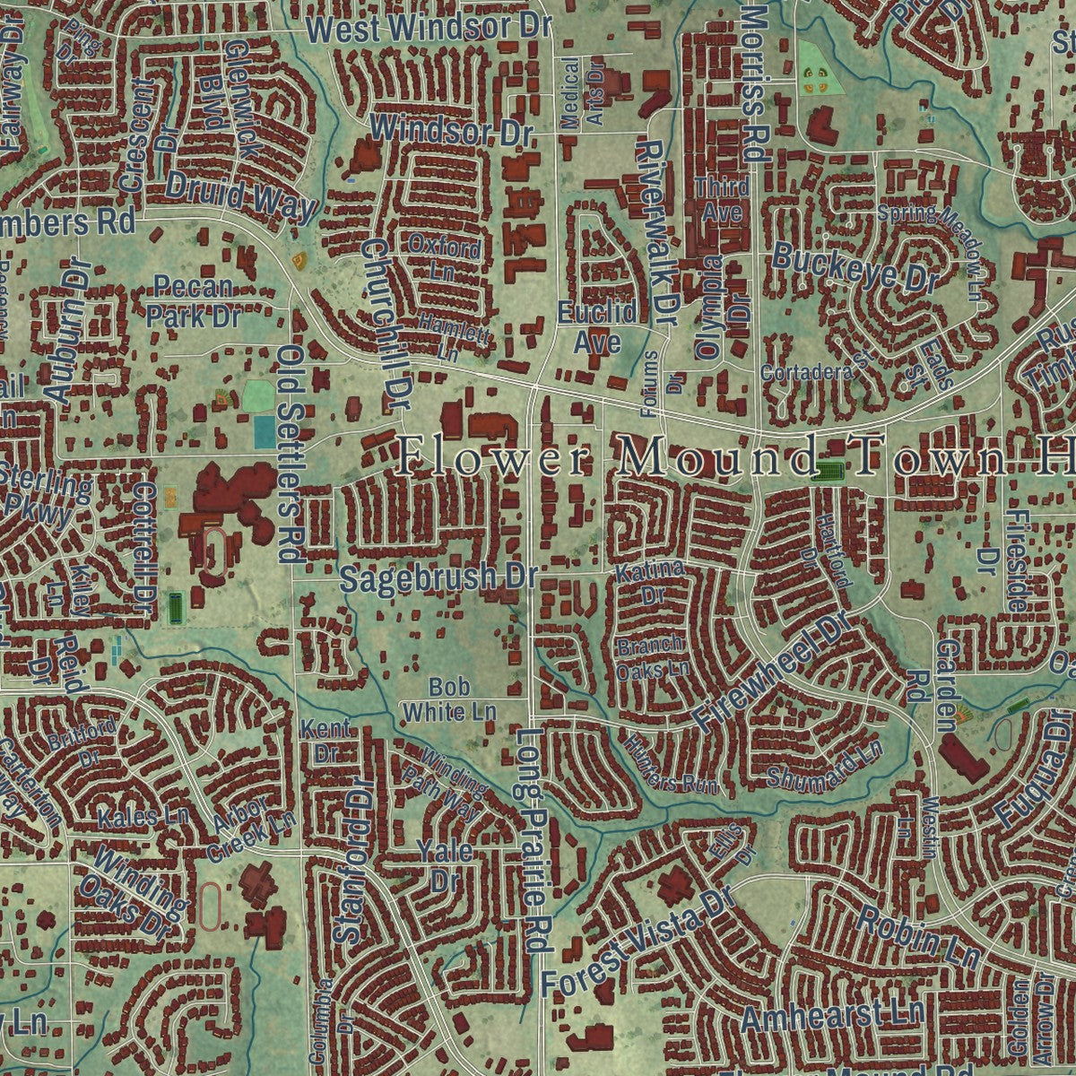 Close-up of the map of Flower Mound, Texas print showing street and building detail