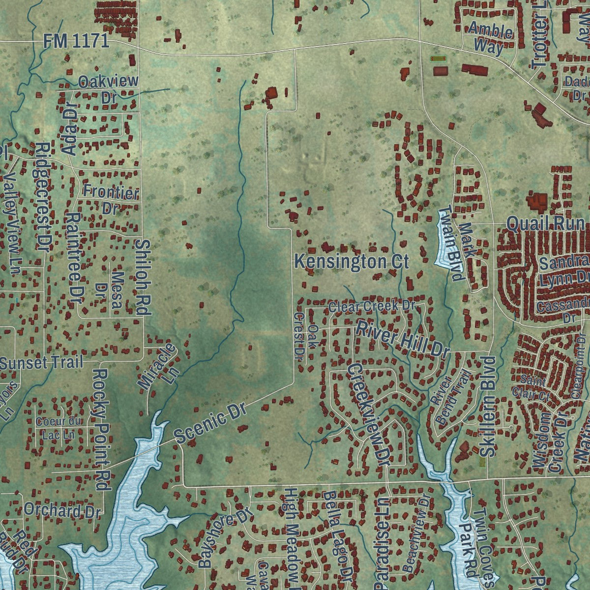 Second close-up of the map of Flower Mound, Texas print showing more streets and buildings