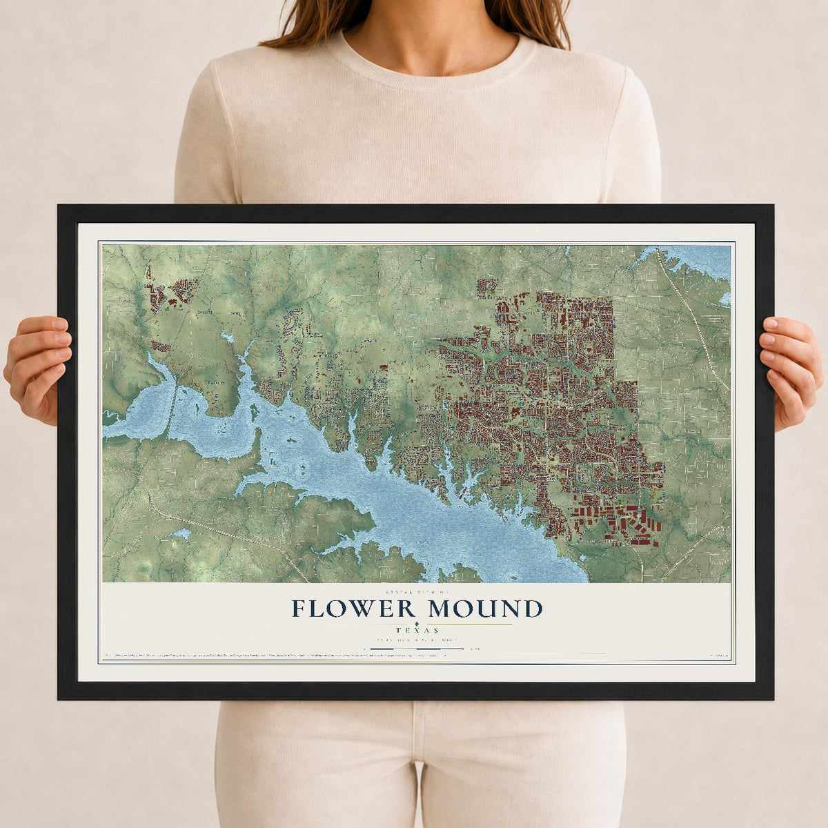 Map of Flower Mound, Texas, 12 x 18 inch print in a black wood frame