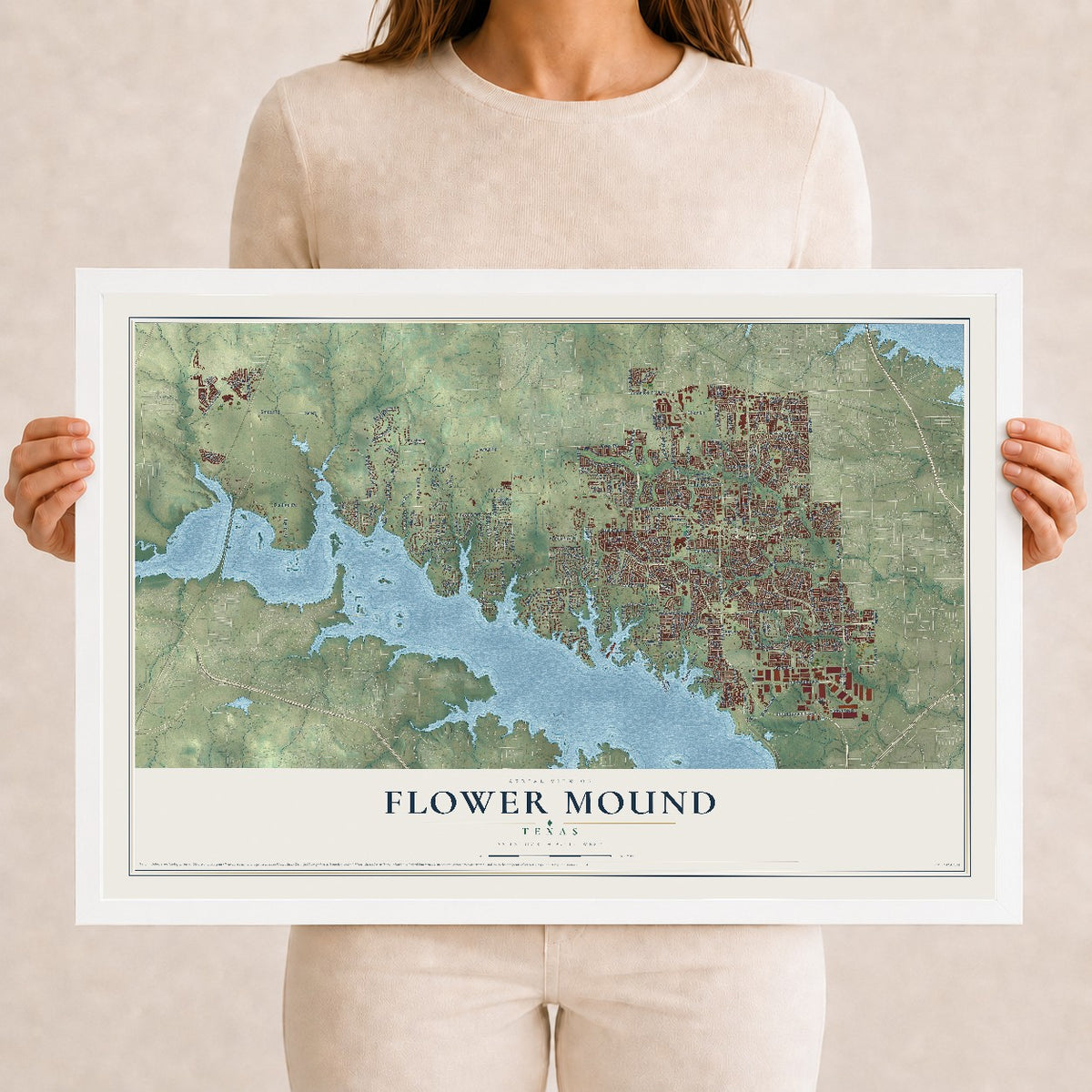 Map of Flower Mound, Texas, 12 x 18 inch print in a white wood frame