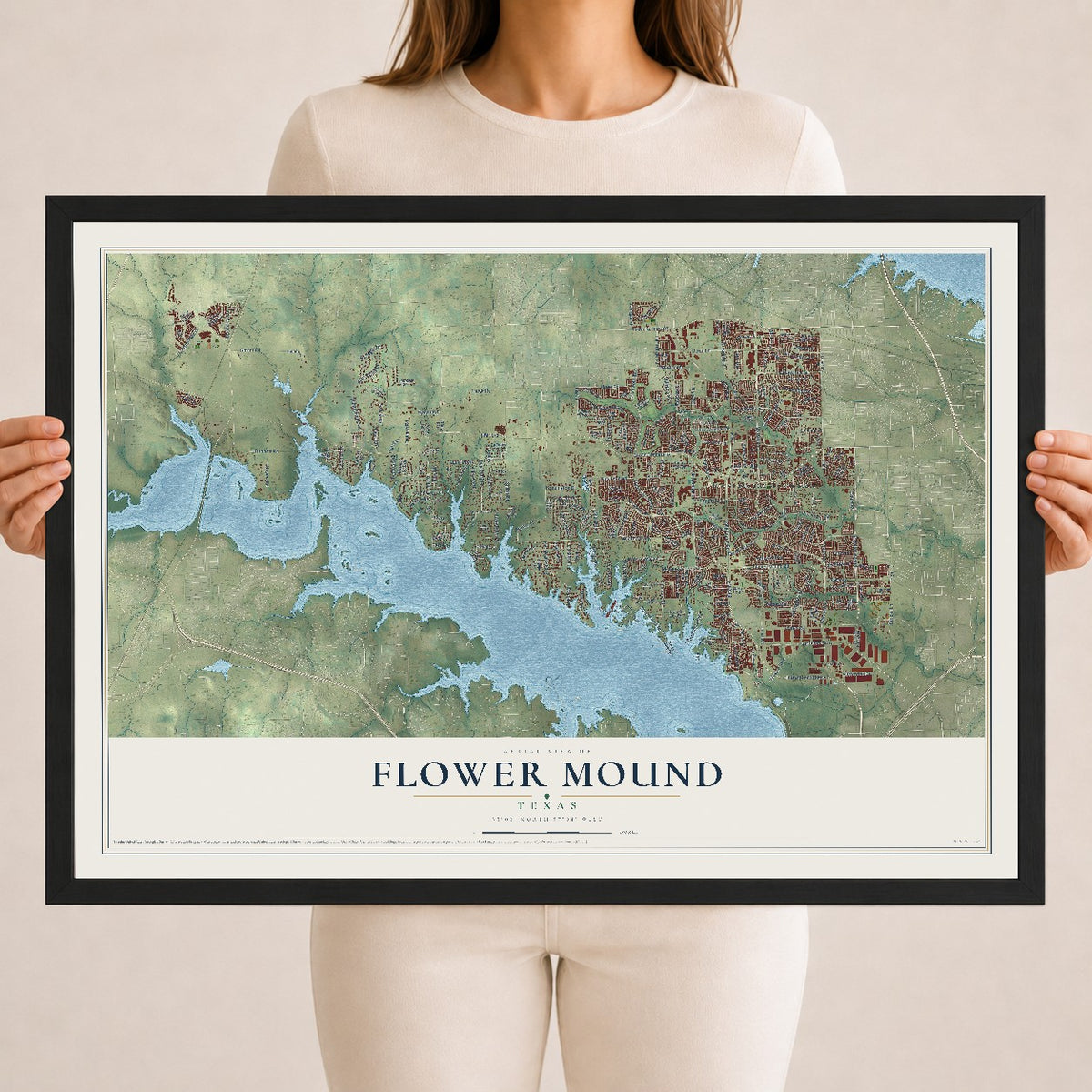 Map of Flower Mound, Texas, 18 x 24 inch print in a black wood frame