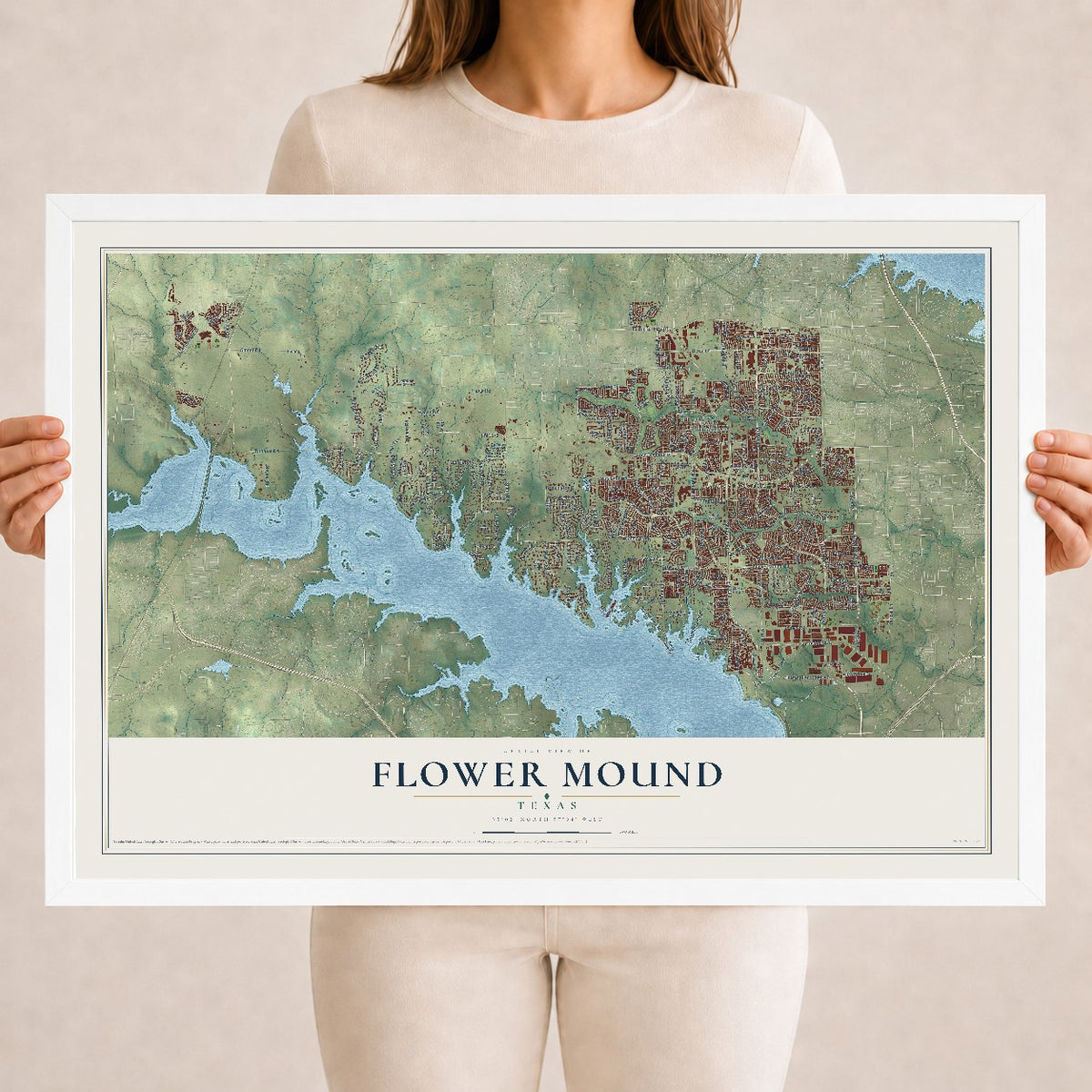 Map of Flower Mound, Texas, 18 x 24 inch print in a white wood frame