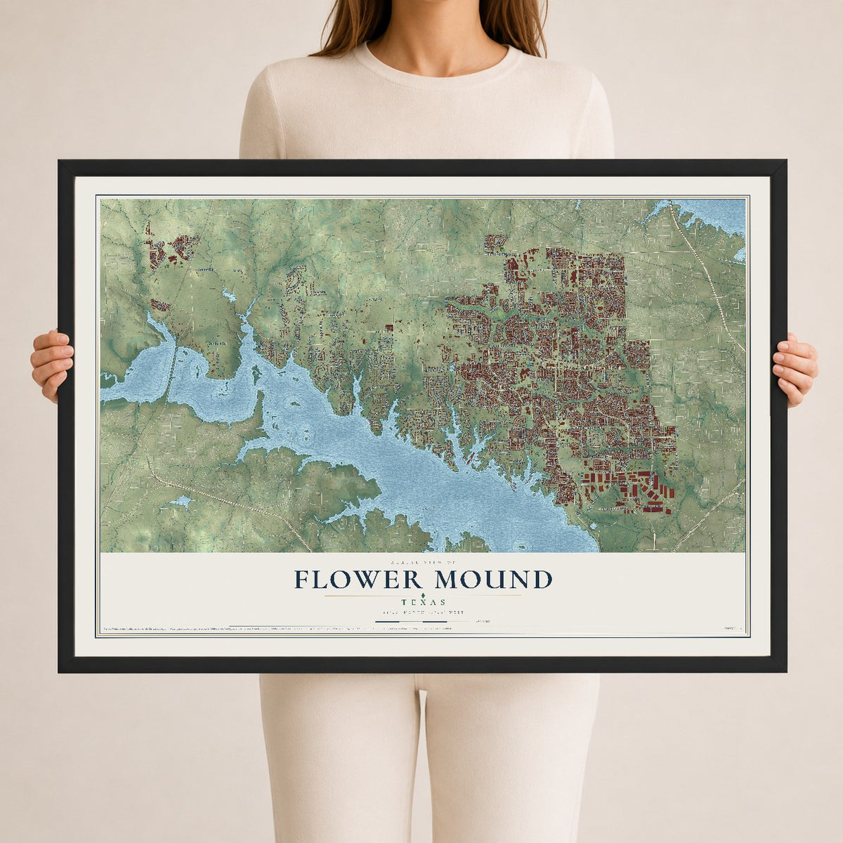 Map of Flower Mound, Texas, 24 x 36 inch print in a black wood frame
