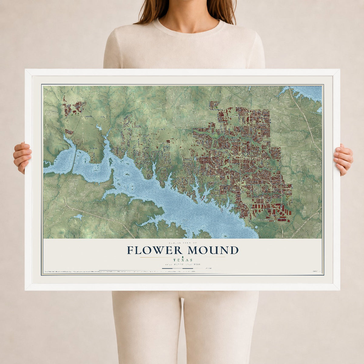 Map of Flower Mound, Texas, 24 x 36 inch print in a white wood frame