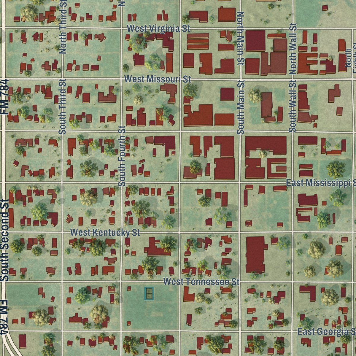 Close-up of the map of Floydada, Texas print showing street and building detail