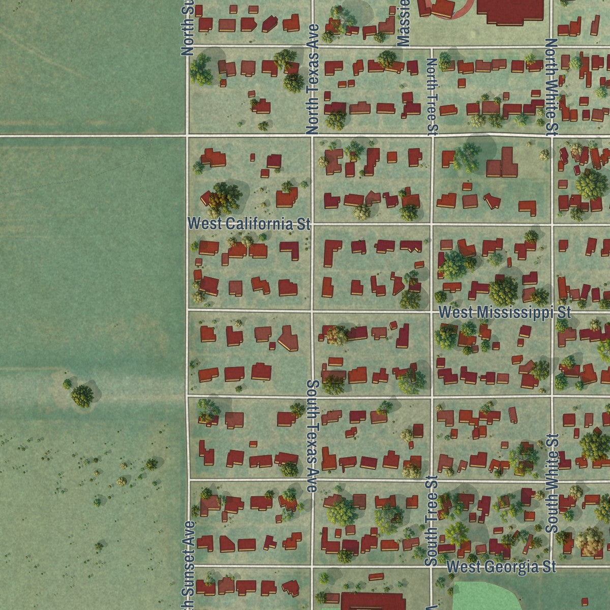 Second close-up of the map of Floydada, Texas print showing more streets and buildings