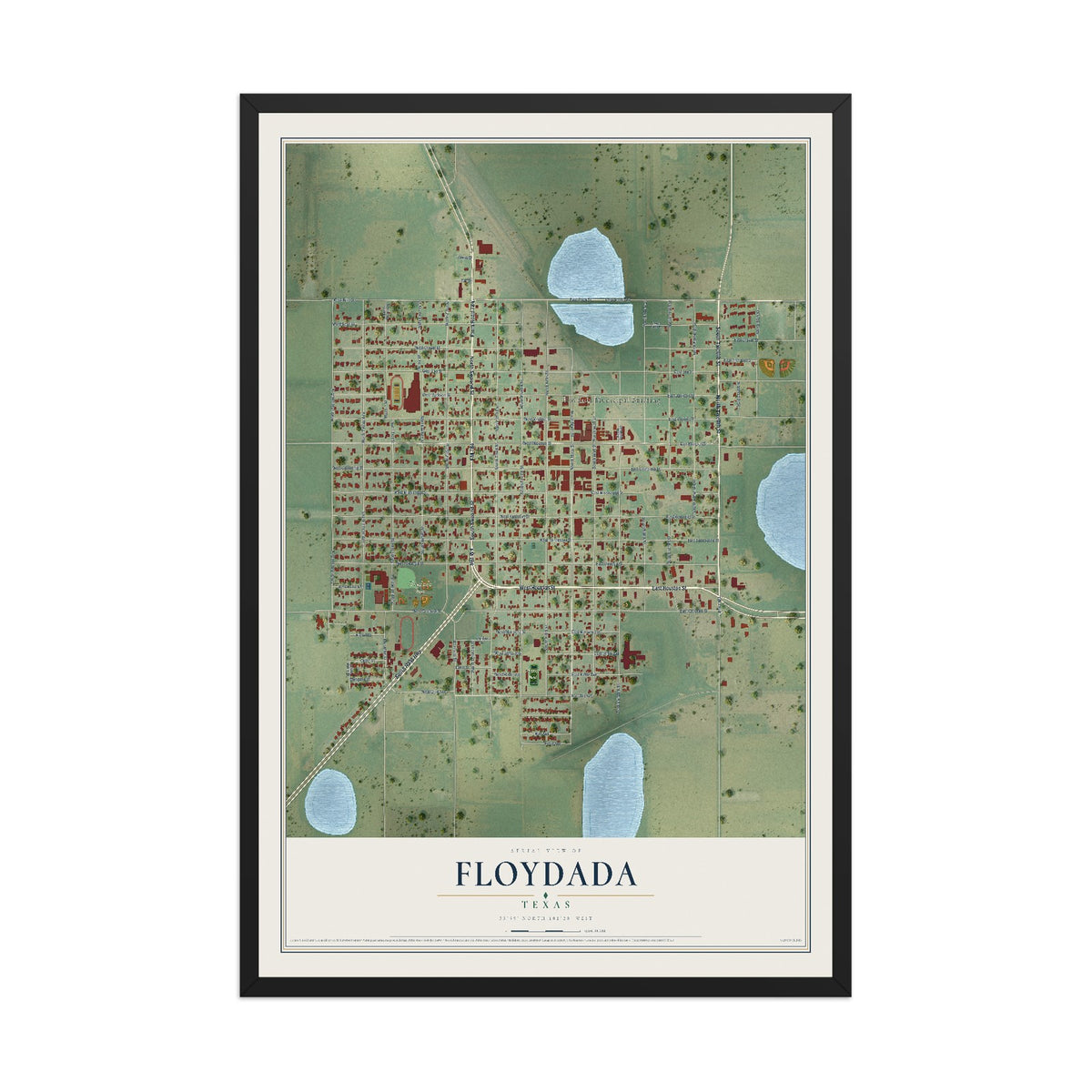 Map of Floydada, Texas, 12 x 18 inch print in a black wood frame