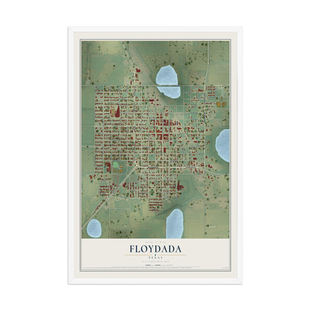 Map of Floydada, Texas, 12 x 18 inch print in a white wood frame