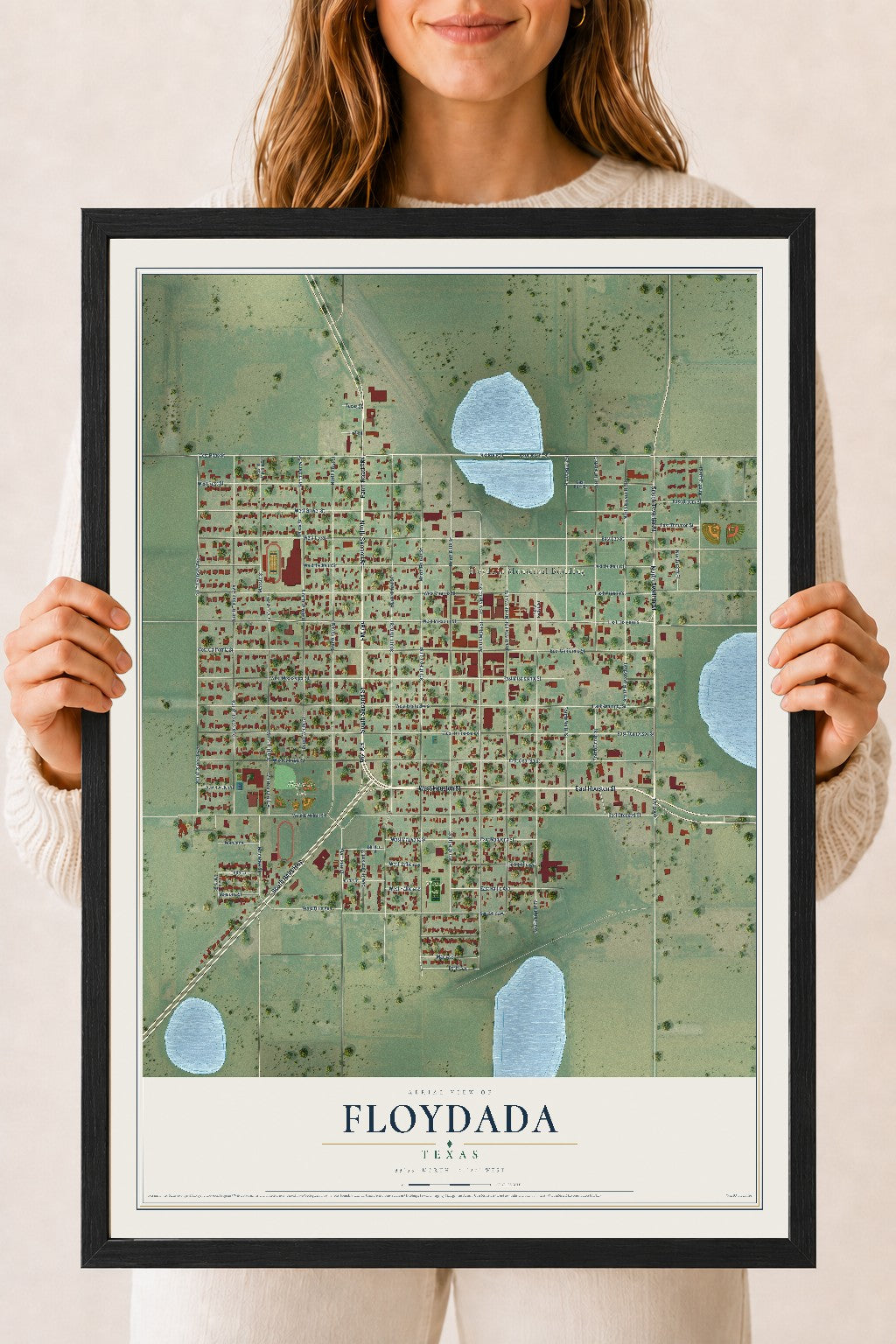 Map of Floydada, Texas, 18 x 24 inch print in a black wood frame