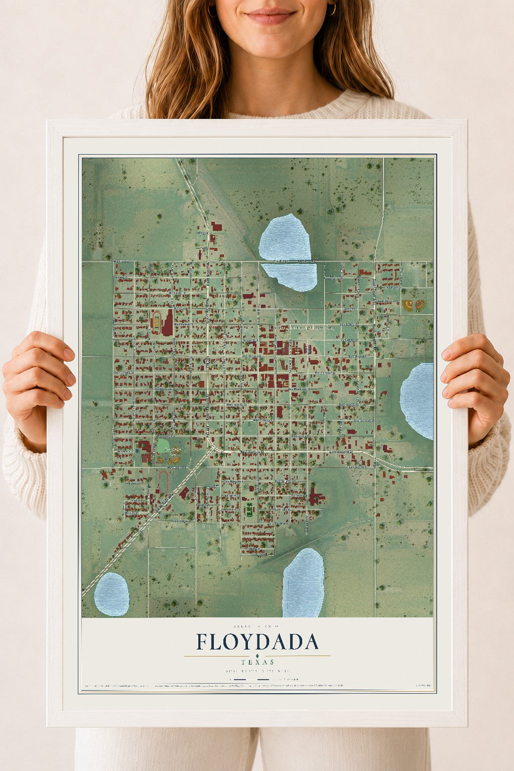 Map of Floydada, Texas, 18 x 24 inch print in a white wood frame