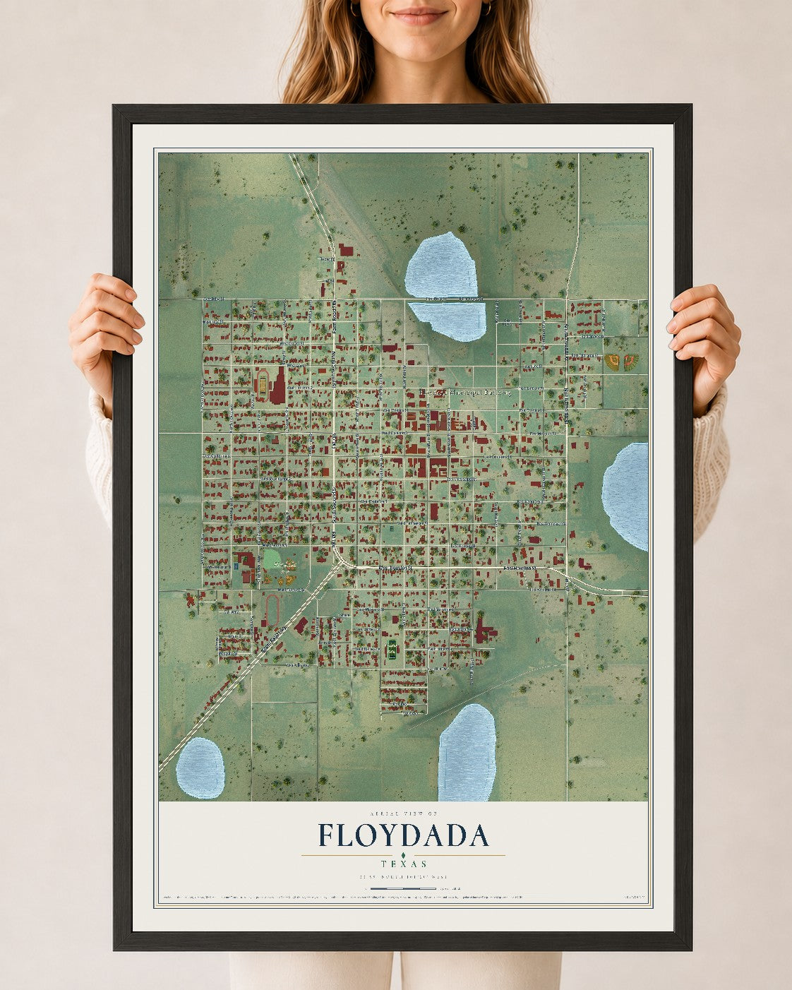 Map of Floydada, Texas, 24 x 36 inch print in a black wood frame
