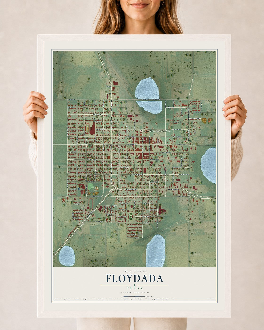 Map of Floydada, Texas, 24 x 36 inch print in a white wood frame