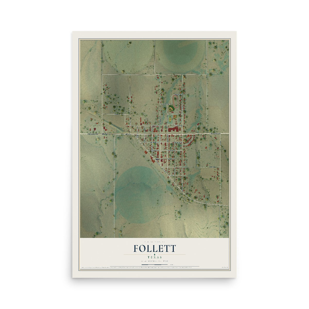 Map of Follett, Texas, 12 x 18 inch unframed archival matte print