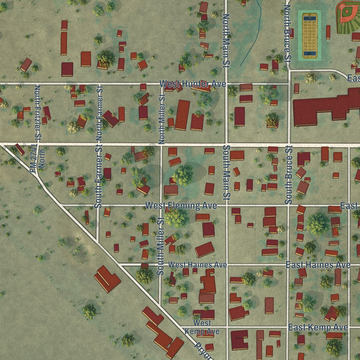 Close-up of the map of Follett, Texas print showing street and building detail
