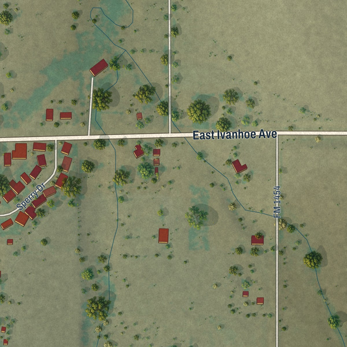 Second close-up of the map of Follett, Texas print showing more streets and buildings