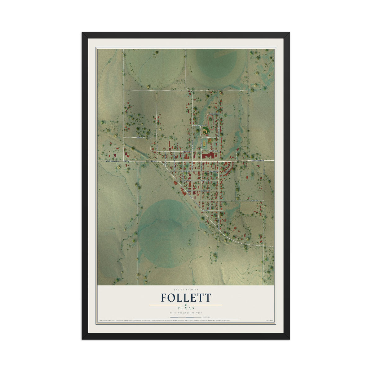 Map of Follett, Texas, 12 x 18 inch print in a black wood frame