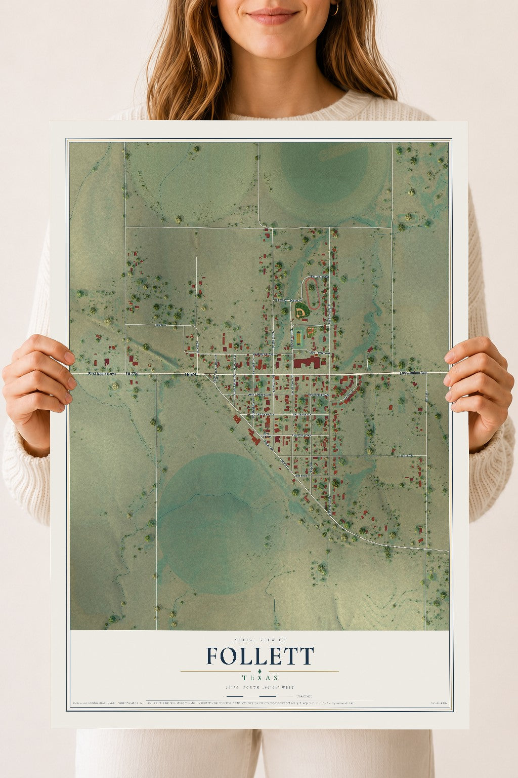 Map of Follett, Texas, 18 x 24 inch unframed archival matte print