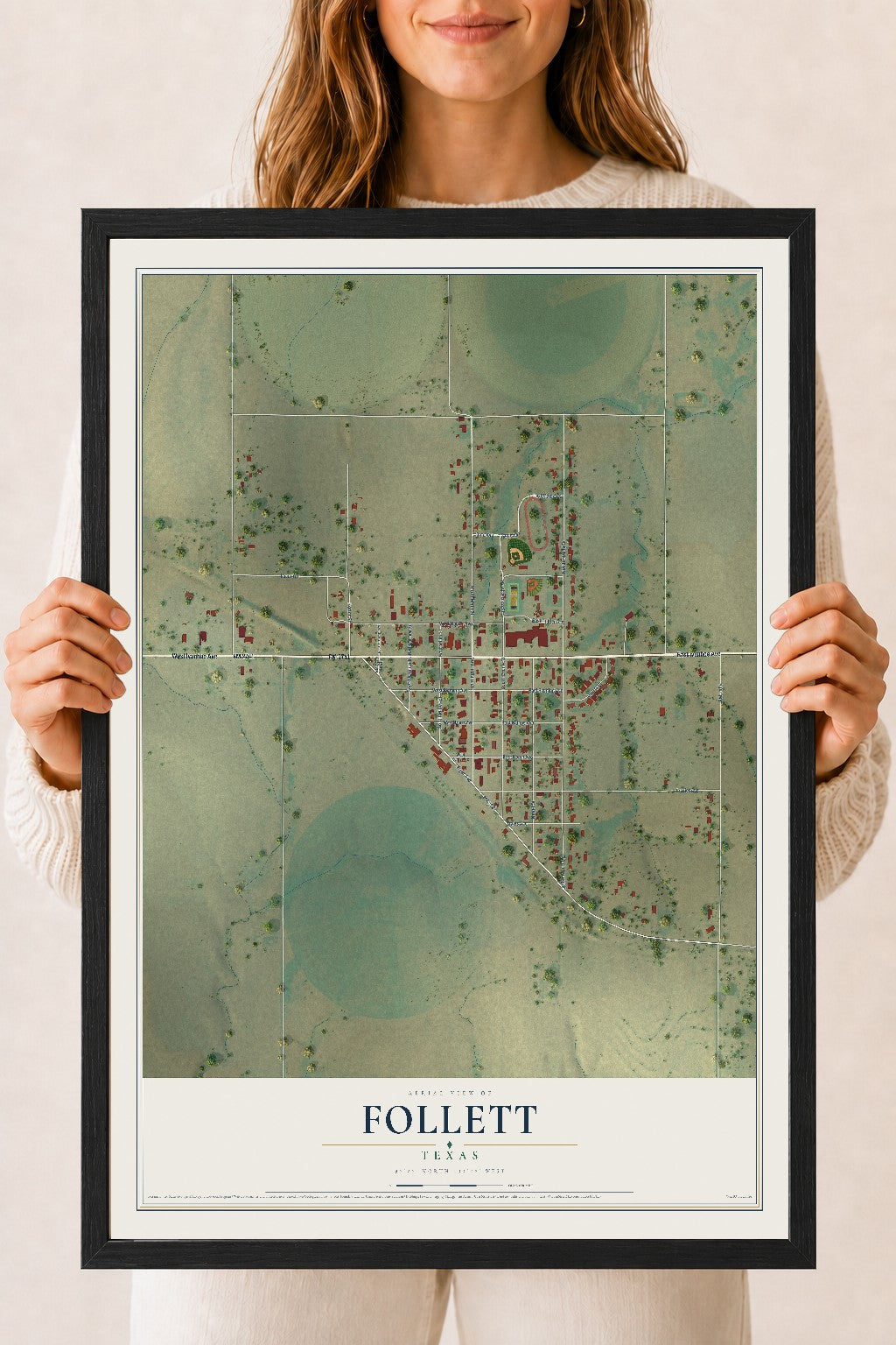 Map of Follett, Texas, 18 x 24 inch print in a black wood frame