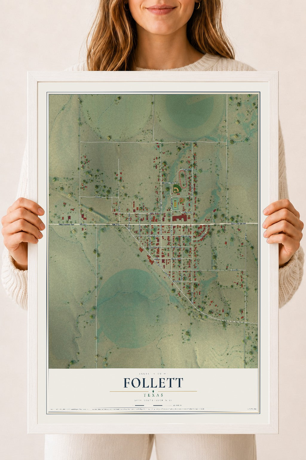 Map of Follett, Texas, 18 x 24 inch print in a white wood frame