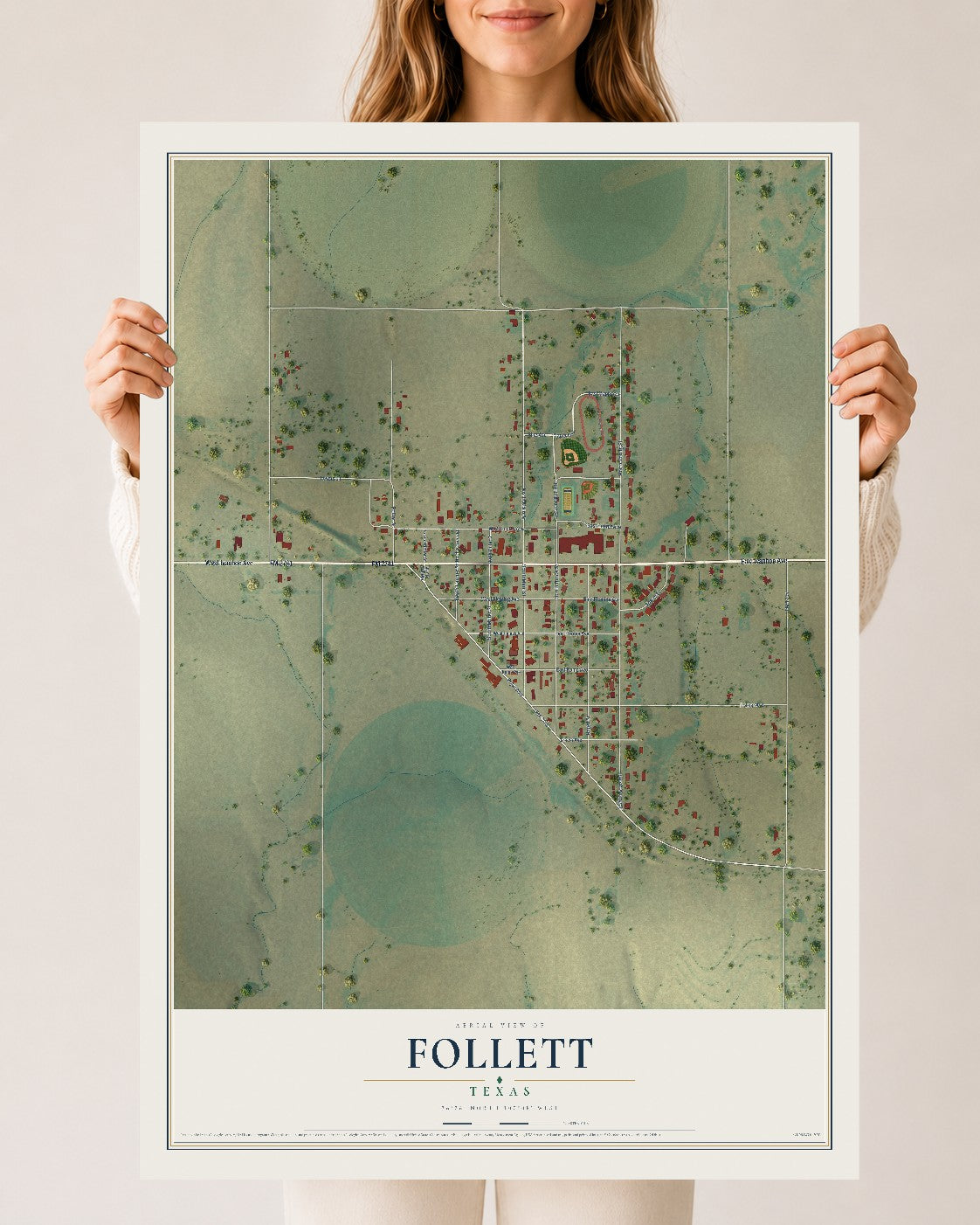 Map of Follett, Texas, 24 x 36 inch unframed archival matte print