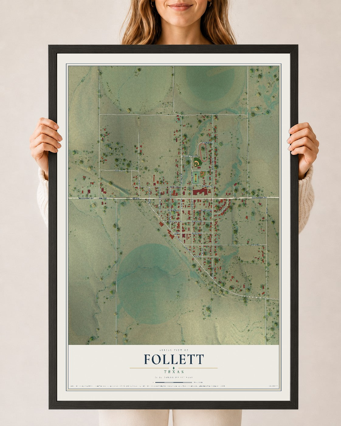 Map of Follett, Texas, 24 x 36 inch print in a black wood frame