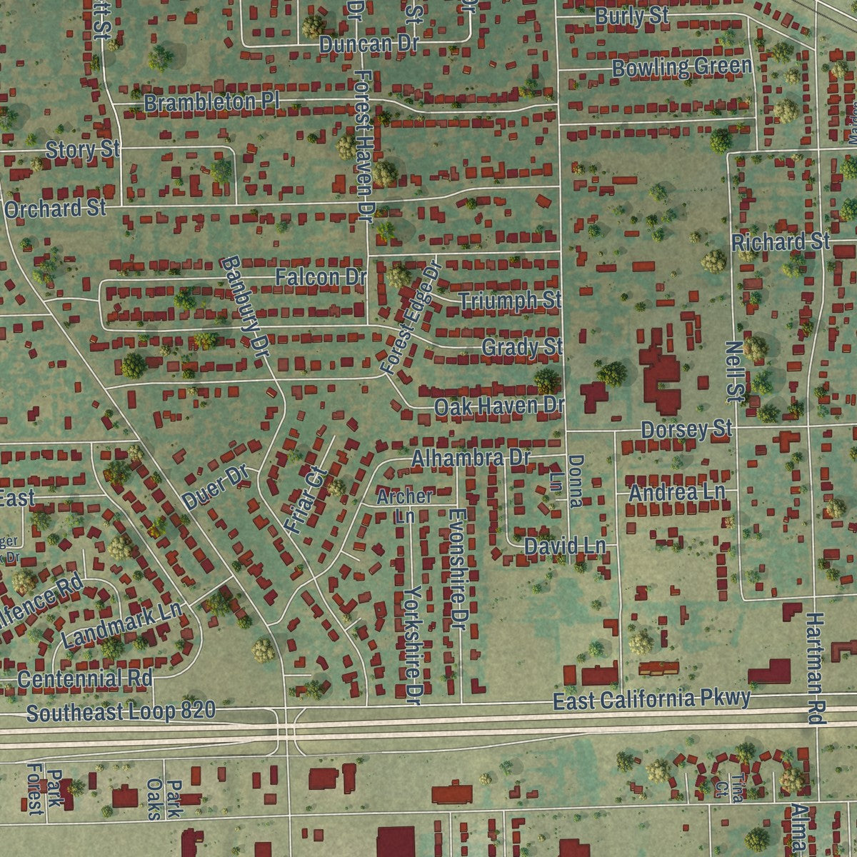 Close-up of the map of Forest Hill, Texas print showing street and building detail