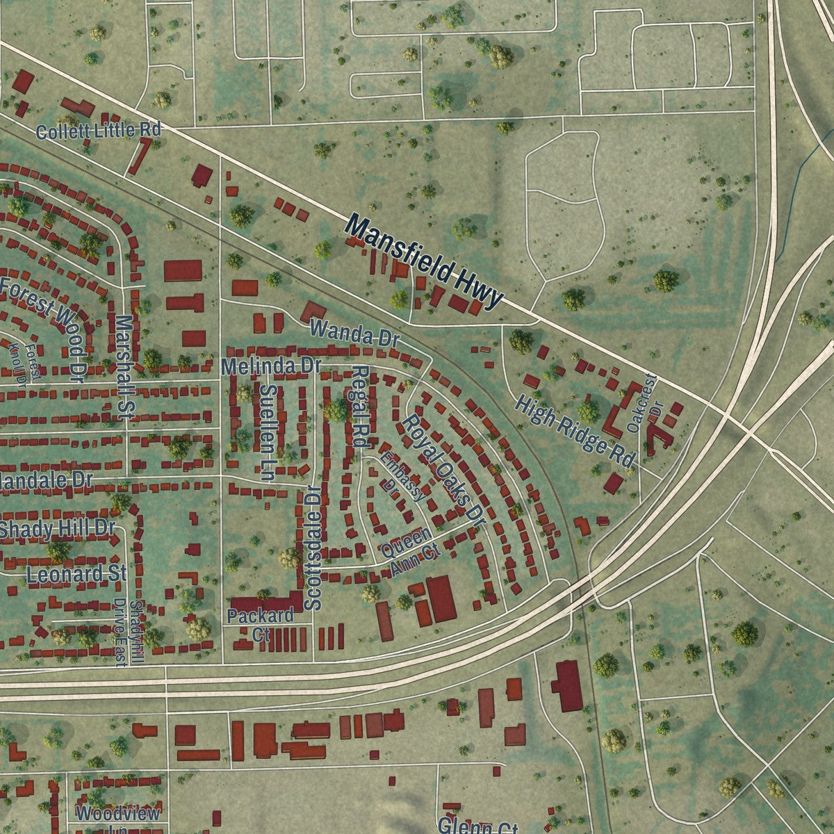 Second close-up of the map of Forest Hill, Texas print showing more streets and buildings