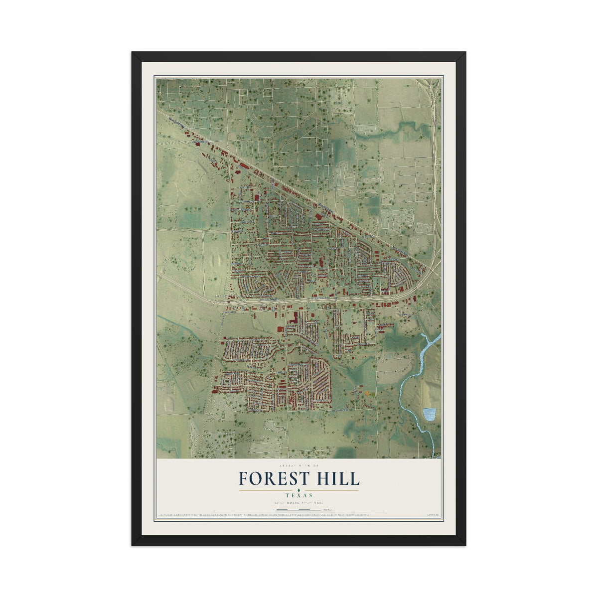 Map of Forest Hill, Texas, 12 x 18 inch print in a black wood frame