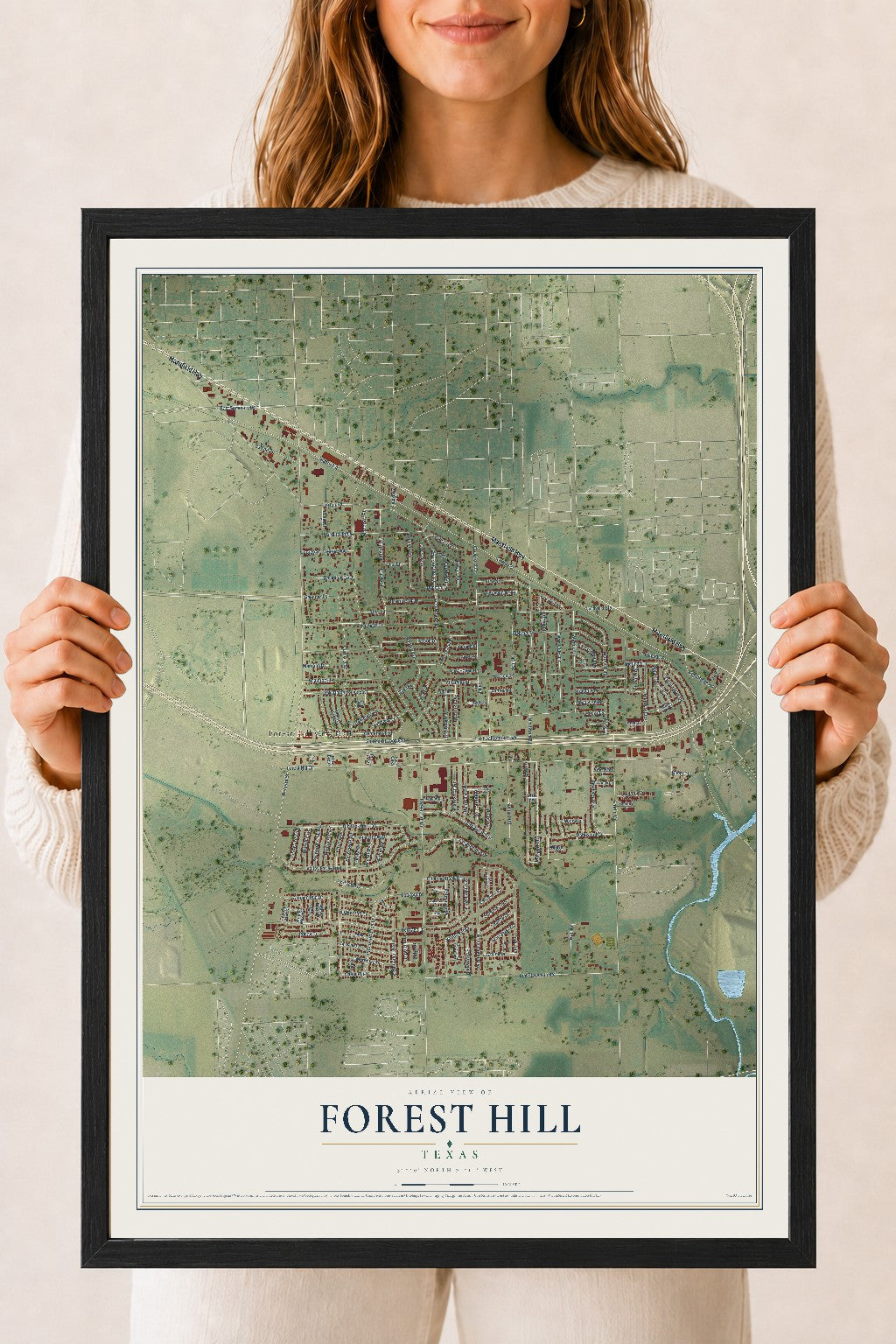 Map of Forest Hill, Texas, 18 x 24 inch print in a black wood frame