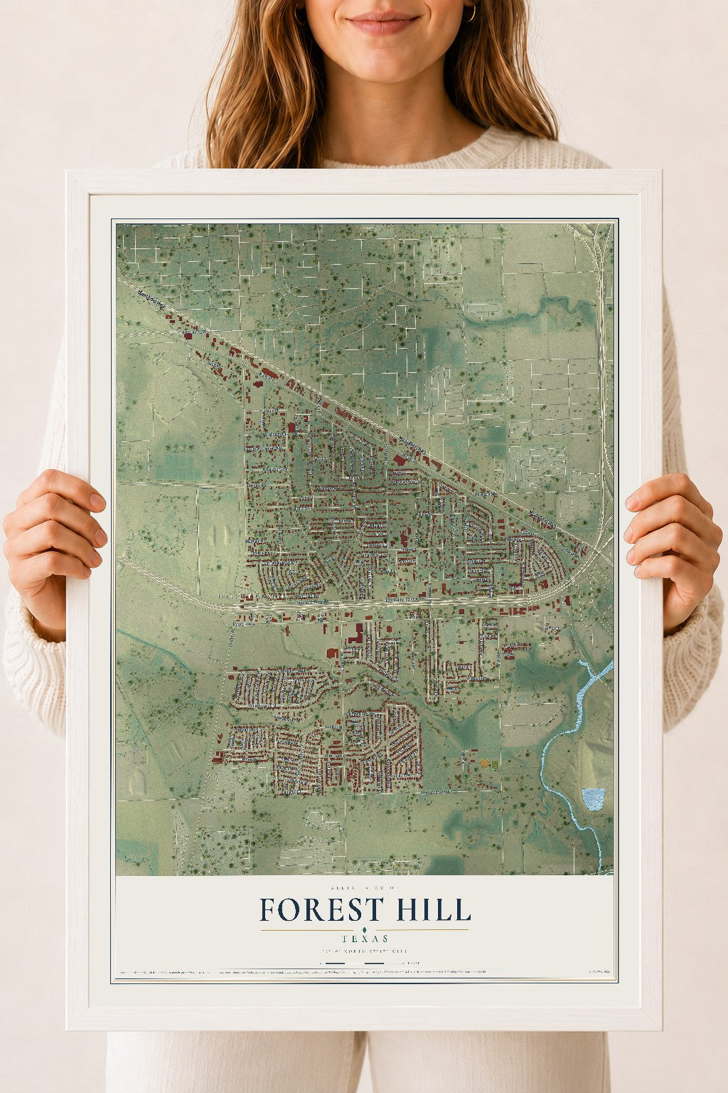 Map of Forest Hill, Texas, 18 x 24 inch print in a white wood frame