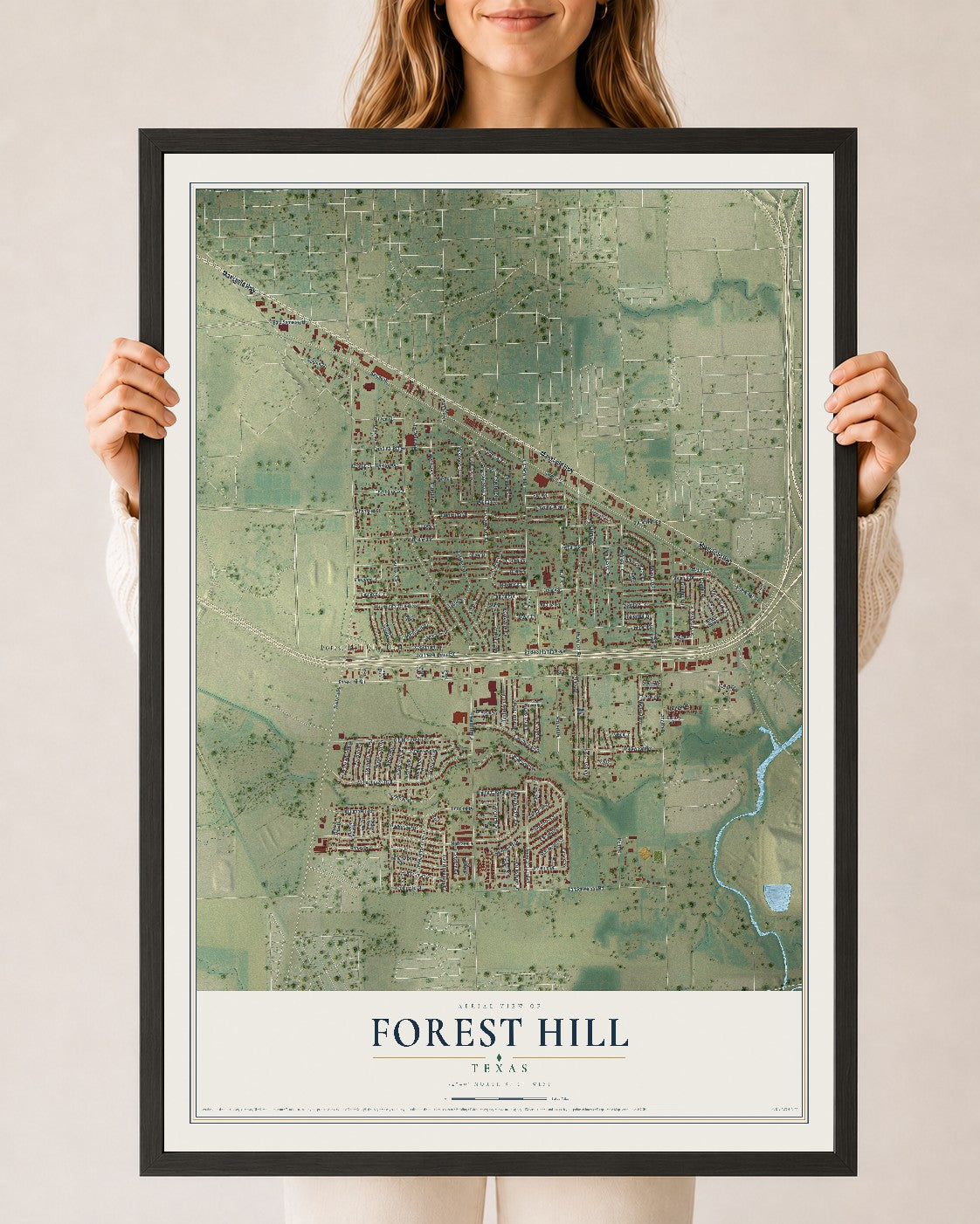 Map of Forest Hill, Texas, 24 x 36 inch print in a black wood frame