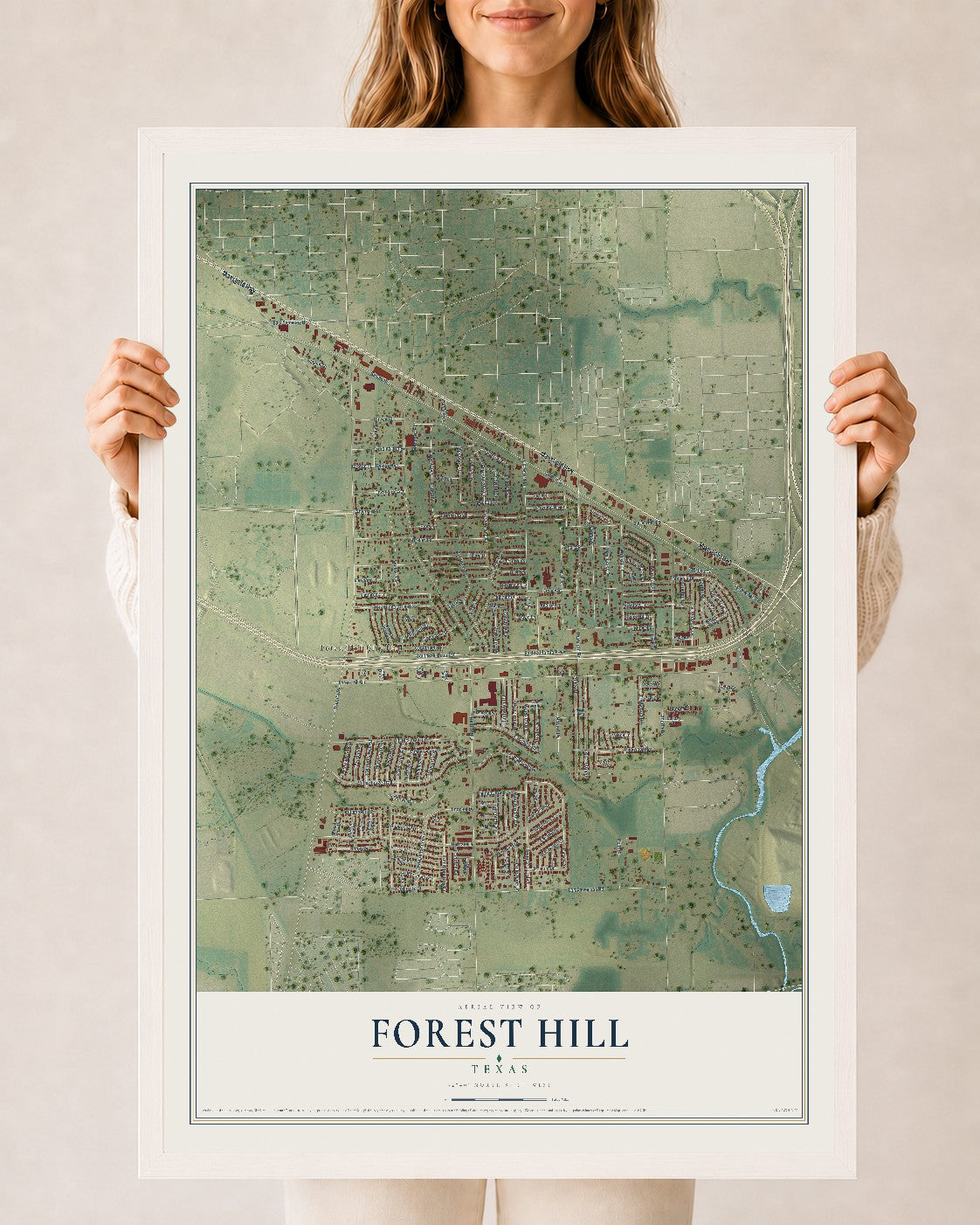 Map of Forest Hill, Texas, 24 x 36 inch print in a white wood frame