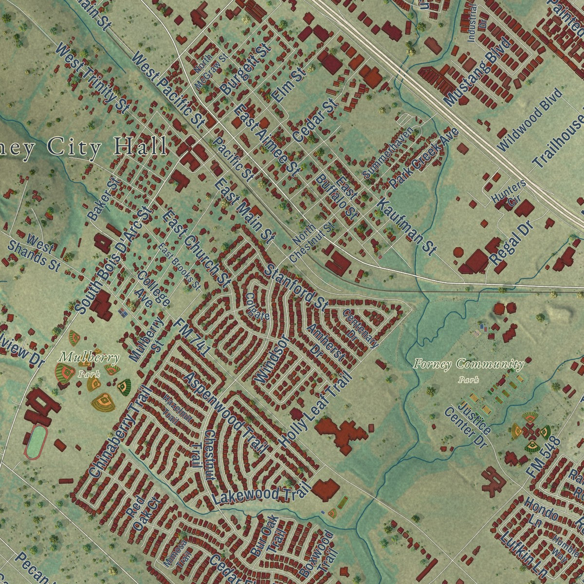 Close-up of the map of Forney, Texas print showing street and building detail