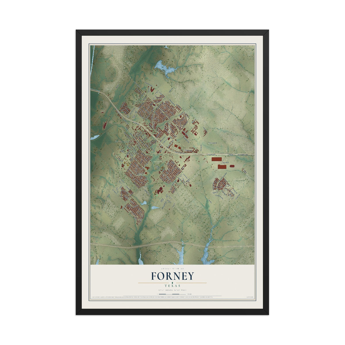 Map of Forney, Texas, 12 x 18 inch print in a black wood frame