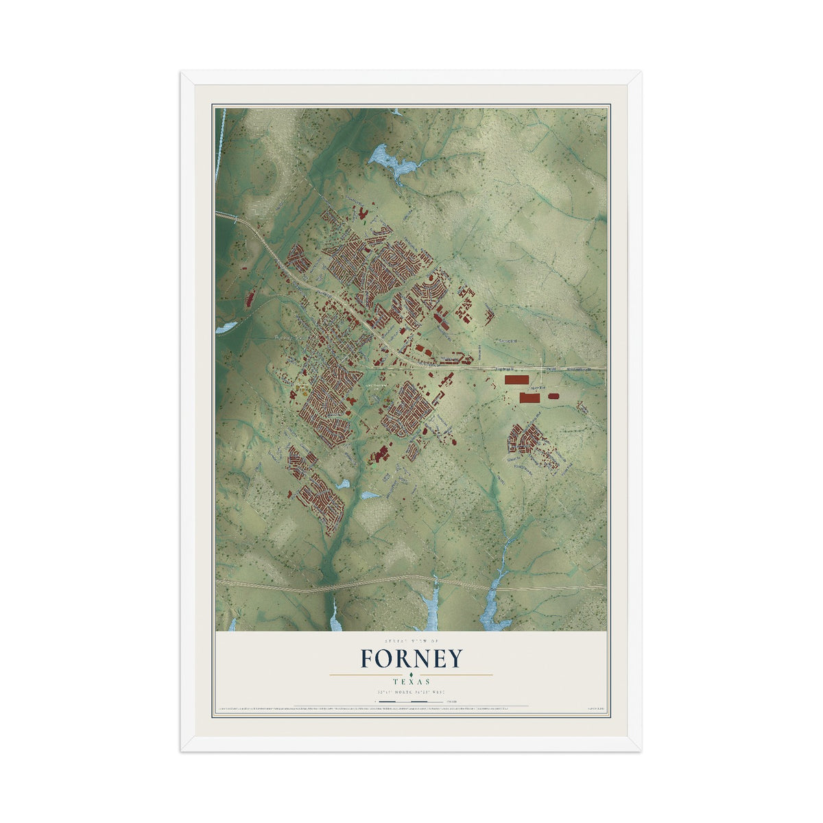 Map of Forney, Texas, 12 x 18 inch print in a white wood frame