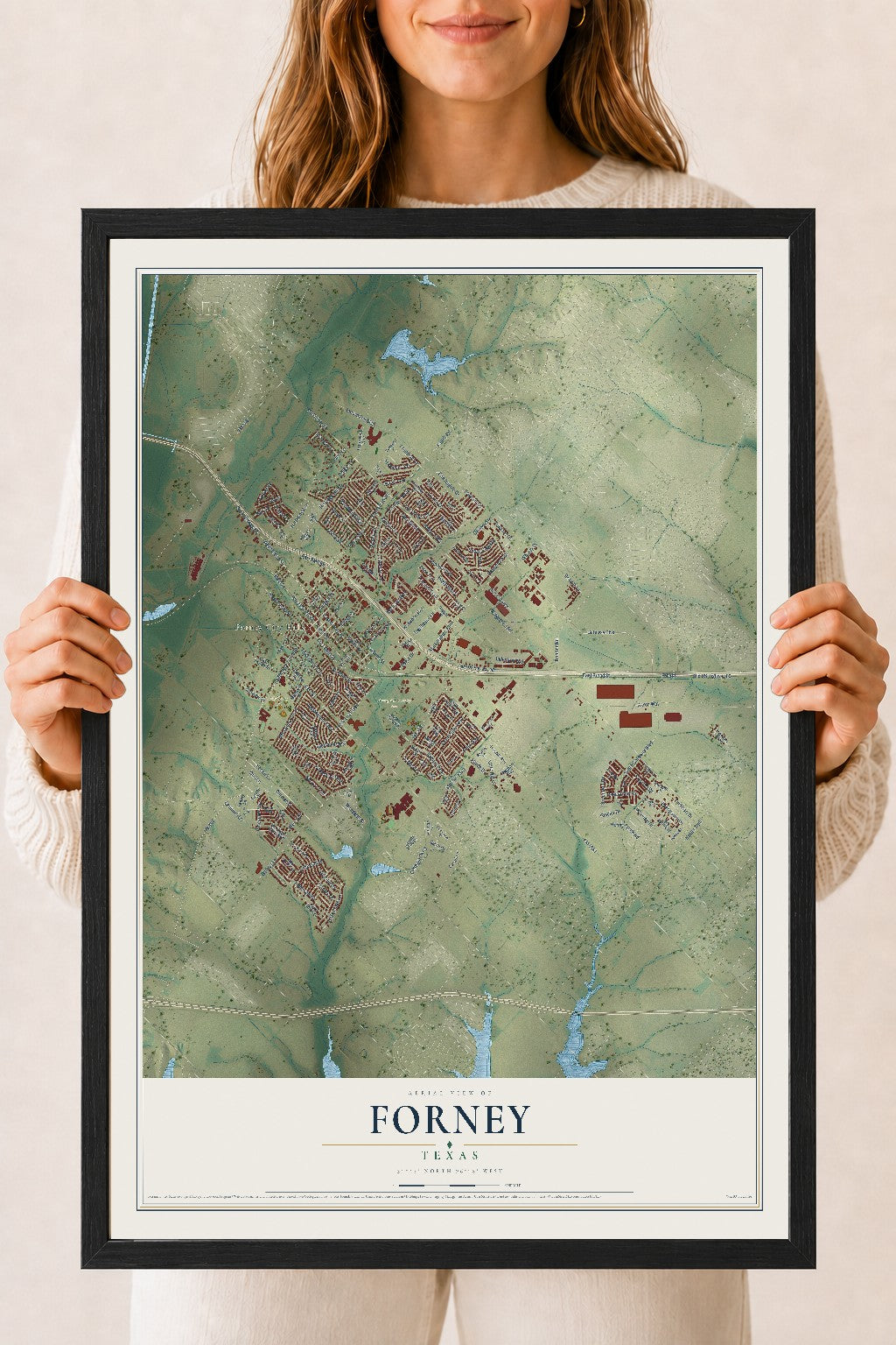 Map of Forney, Texas, 18 x 24 inch print in a black wood frame