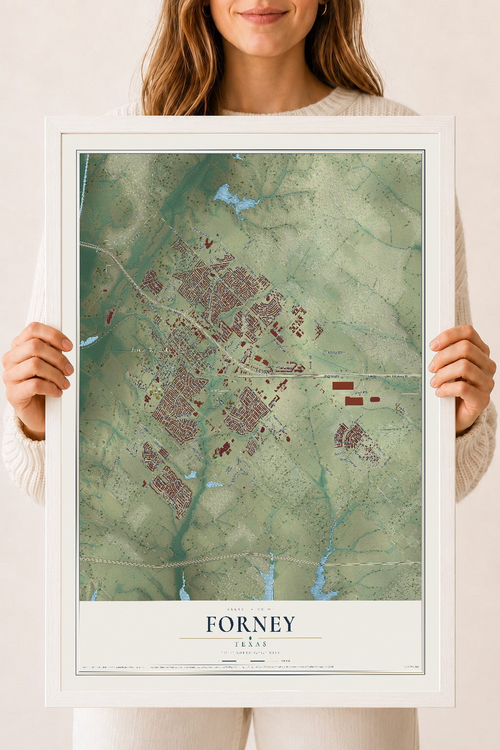 Map of Forney, Texas, 18 x 24 inch print in a white wood frame