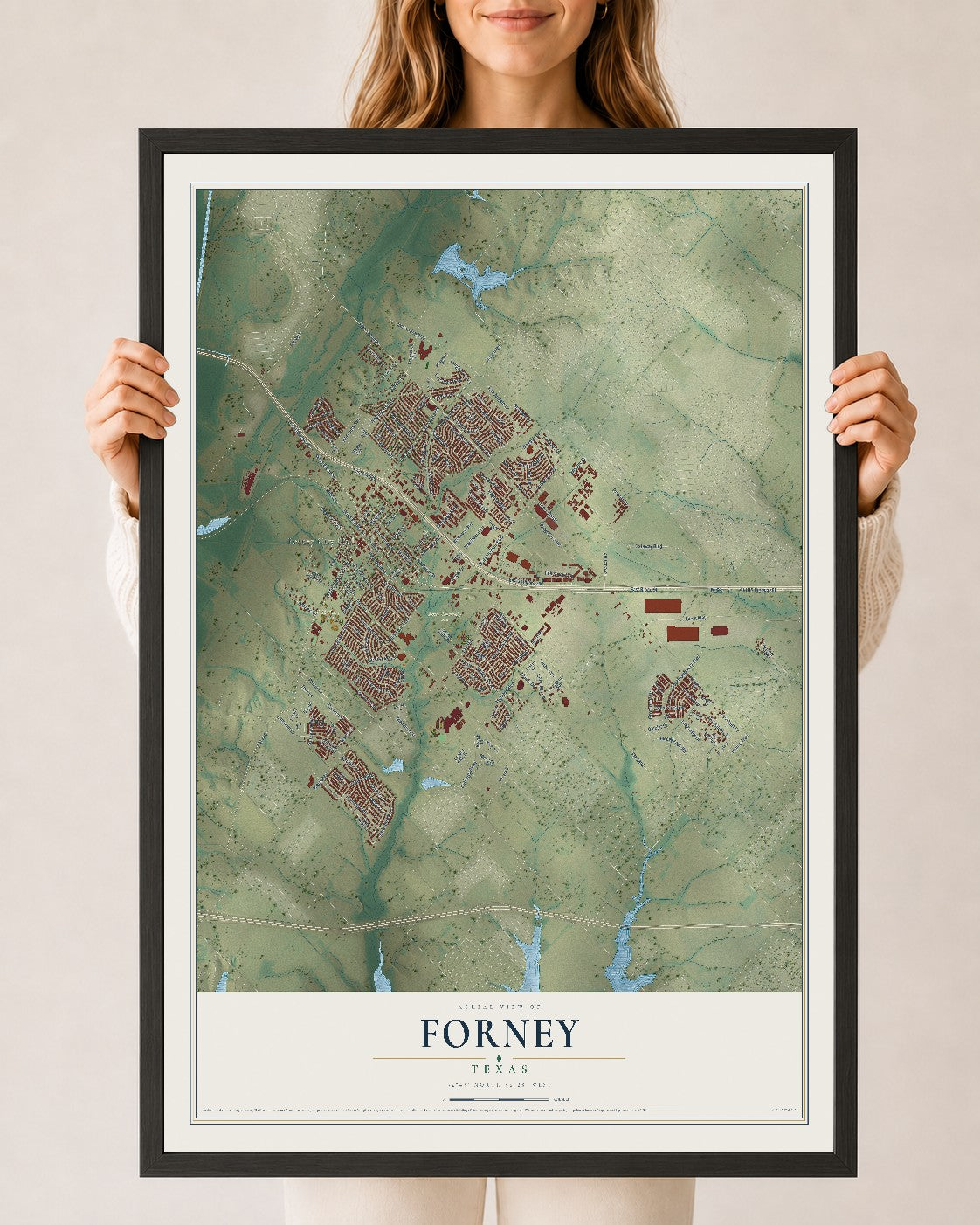 Map of Forney, Texas, 24 x 36 inch print in a black wood frame