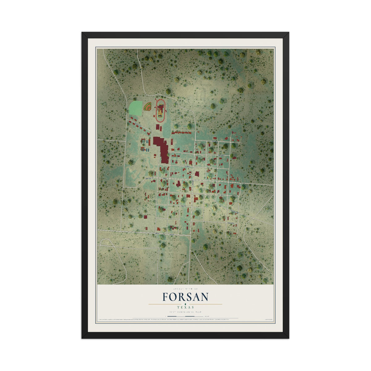 Map of Forsan, Texas, 12 x 18 inch print in a black wood frame