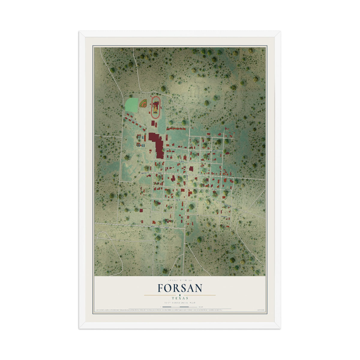Map of Forsan, Texas, 12 x 18 inch print in a white wood frame