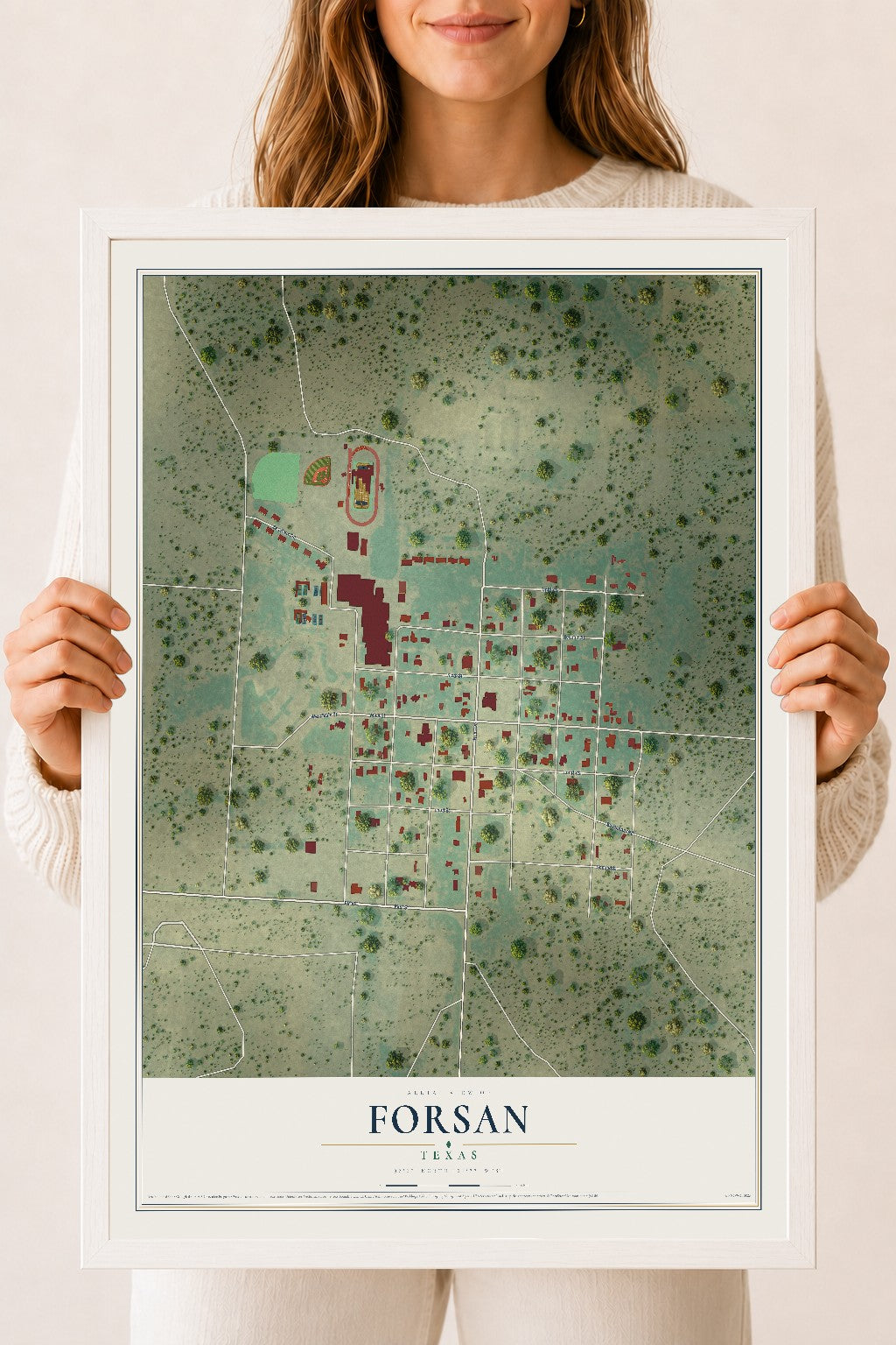 Map of Forsan, Texas, 18 x 24 inch print in a white wood frame