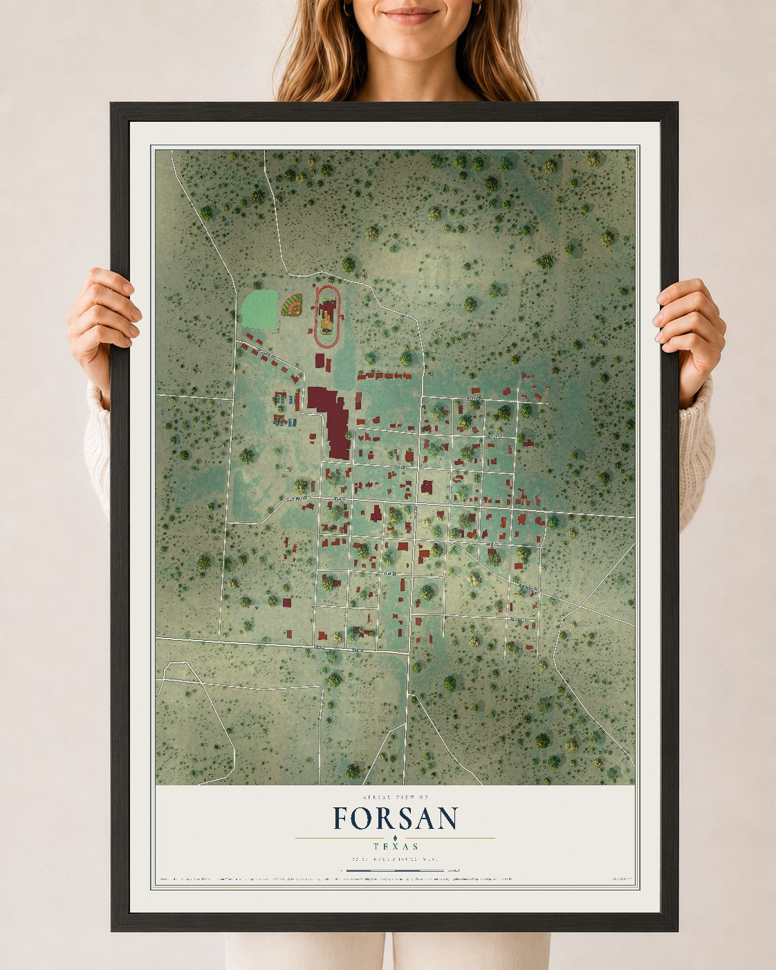 Map of Forsan, Texas, 24 x 36 inch print in a black wood frame