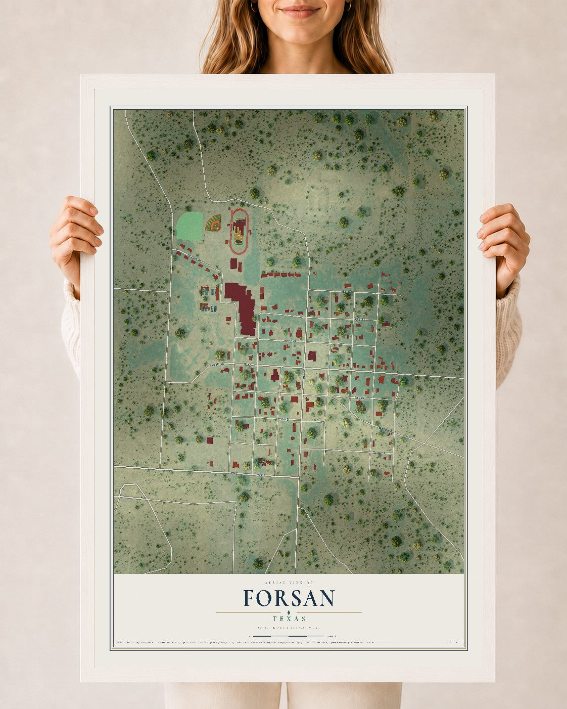 Map of Forsan, Texas, 24 x 36 inch print in a white wood frame